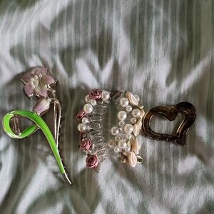Assorted Floral & Pearl Hair Clips - Pink, Pearl, Green, Brown